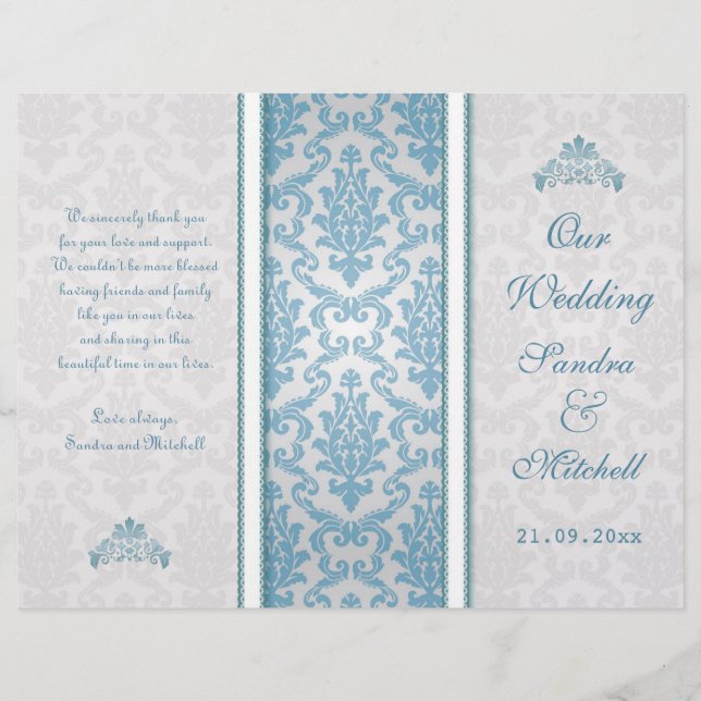Light blue damask on silver Wedding Program (Front)
