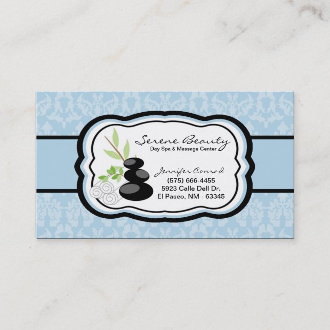 Light Blue Damask Spa Hot Stones Business Card (Front)