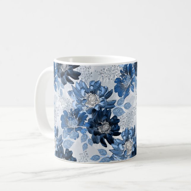 Light blue, dark blue flowers on light grey coffee mug (Front Left)