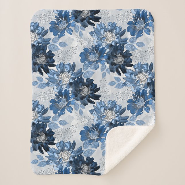 Light blue, dark blue flowers on light grey sherpa blanket (Front)