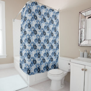 Light blue, dark blue flowers on light grey shower curtain