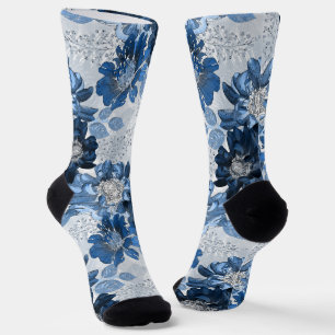 Light blue, dark blue flowers on light grey socks