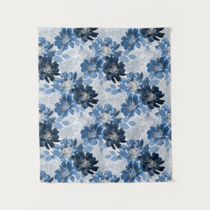 Light blue, dark blue flowers on light grey tapestry