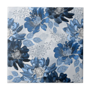 Light blue, dark blue flowers on light grey tile