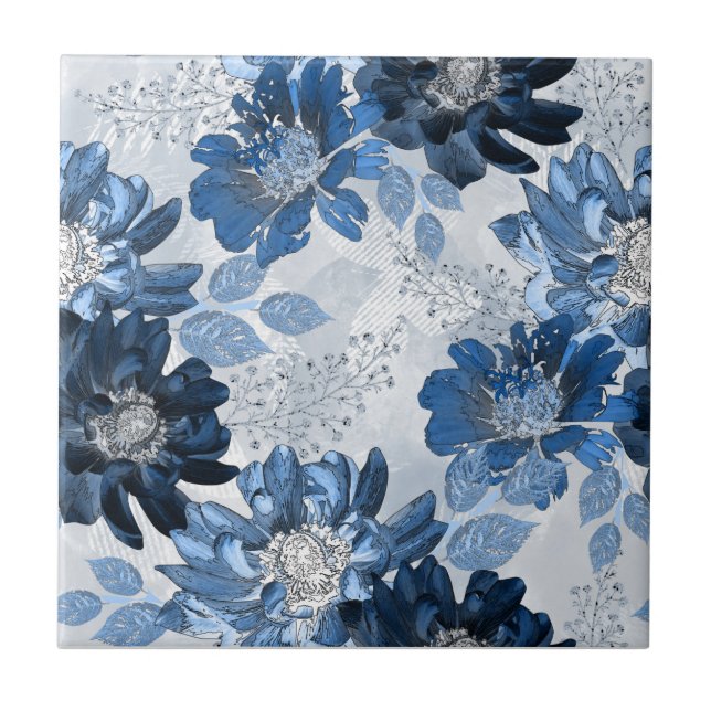 Light blue, dark blue flowers on light grey tile (Front)