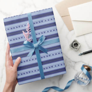 Light Blue & Dark Blue Hearts in Stripes Wrapping Paper