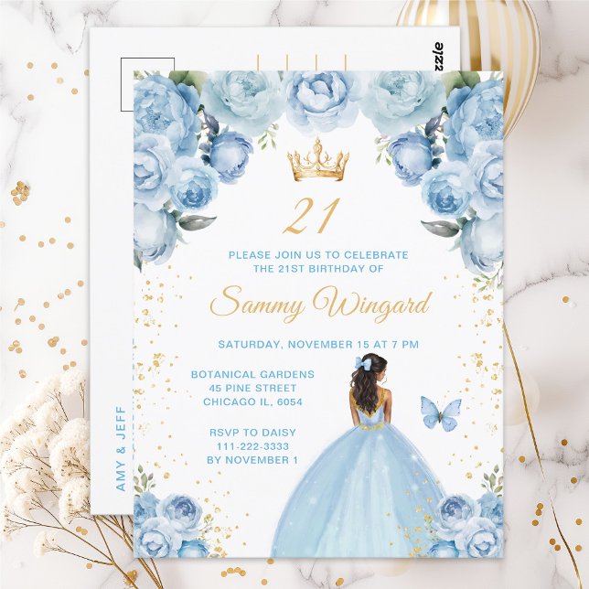 Light Blue Dark Skin Princess Birthday Party Postcard (Creator Uploaded)