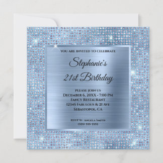 Light Blue Diamond Studded Foil 21st Birthday Invitation