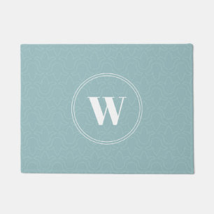 Light blue discreet floral pattern blue monogram doormat