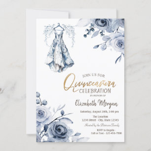 Light Blue Dress Blue Roses Quinceañera   Invitation