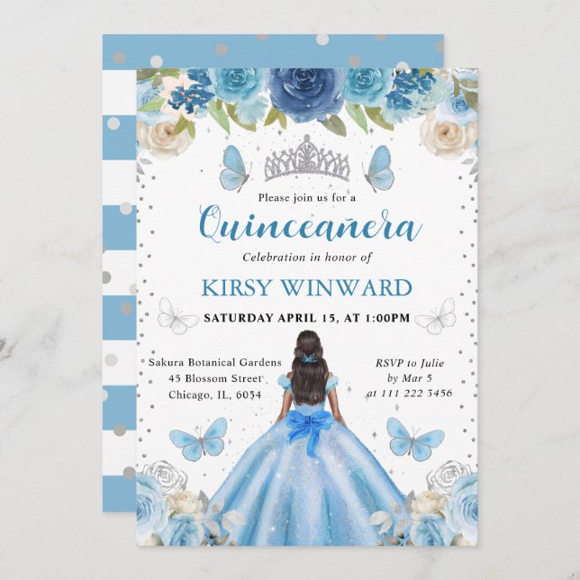 Light Blue Dress Dark Skin Princess Quinceanera Invitation (Front/Back)
