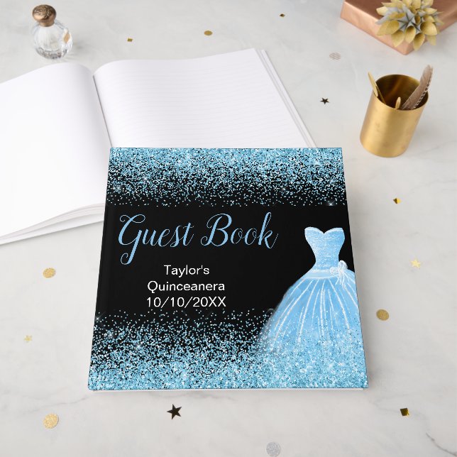 Light Blue Dress Faux Glitter Quinceanera Guest Book (Front Open)