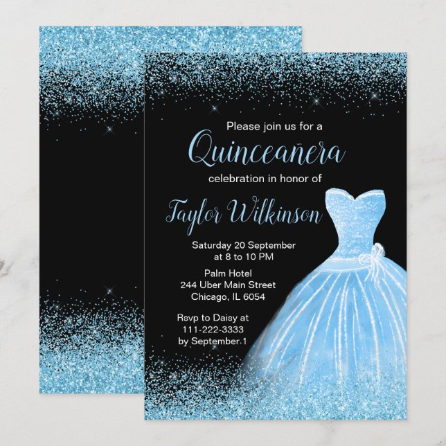 Light Blue Dress Faux Glitter Quinceanera Invitation (Front/Back)