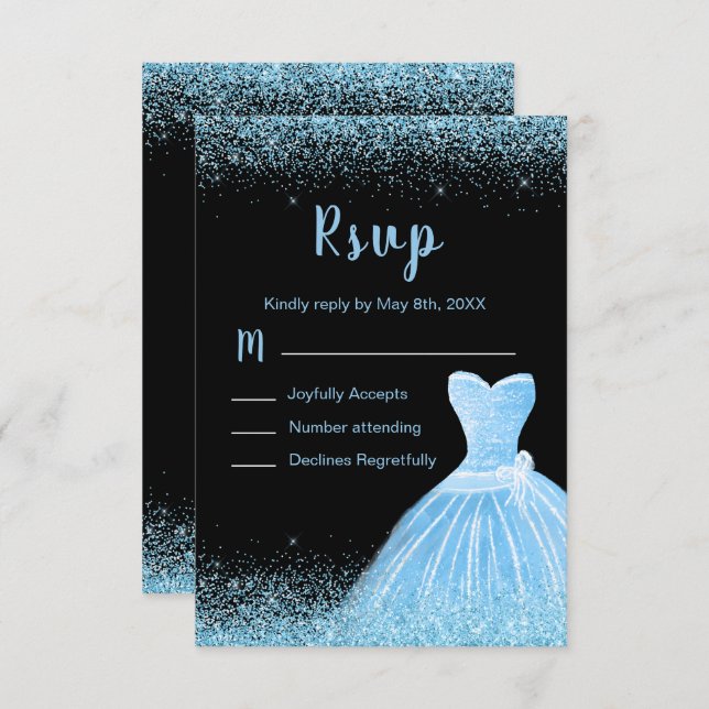 Light Blue Dress Faux Glitter Quinceanera RSVP Card (Front/Back)