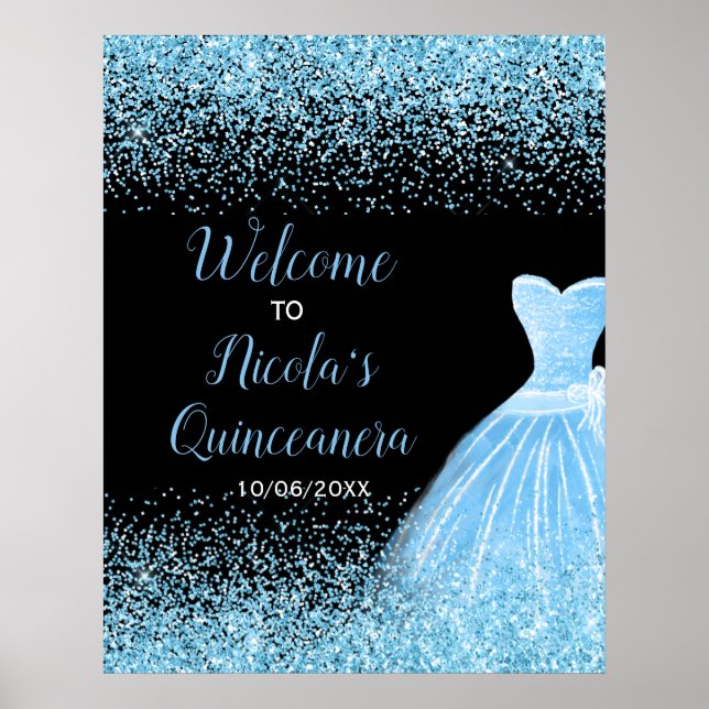Light Blue Dress Faux Glitter Quinceanera Welcome Poster (Front)