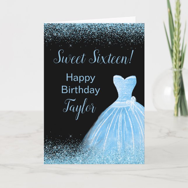Light Blue Dress Faux Glitter Sweet 16 Birthday Card (Front)