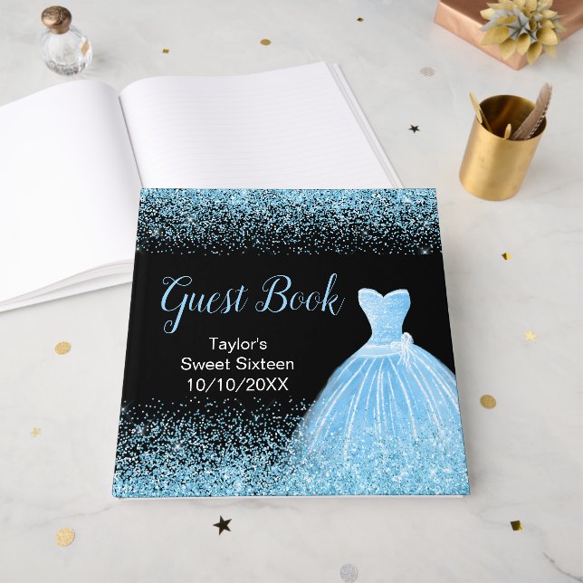 Light Blue Dress Faux Glitter Sweet 16 Birthday Guest Book (Front Open)