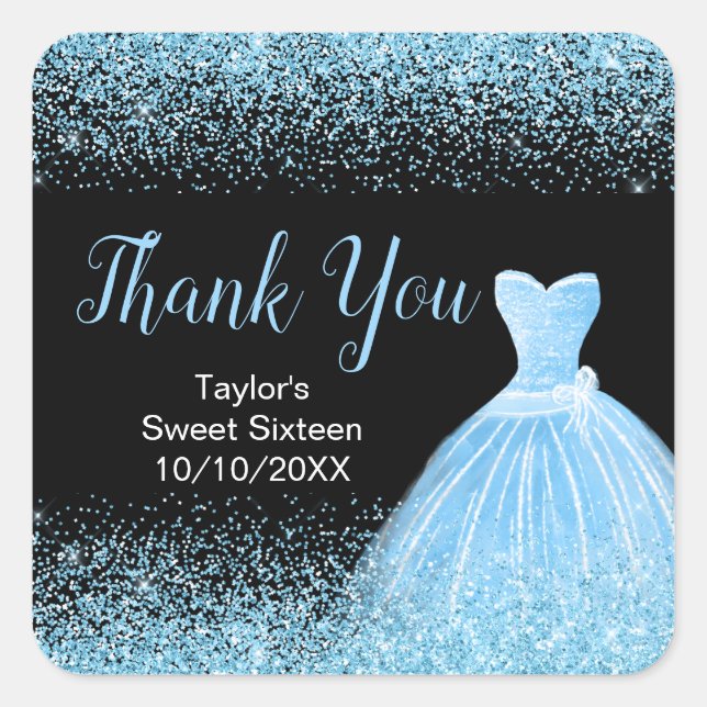 Light Blue Dress Faux Glitter Sweet 16 Birthday Square Sticker (Front)