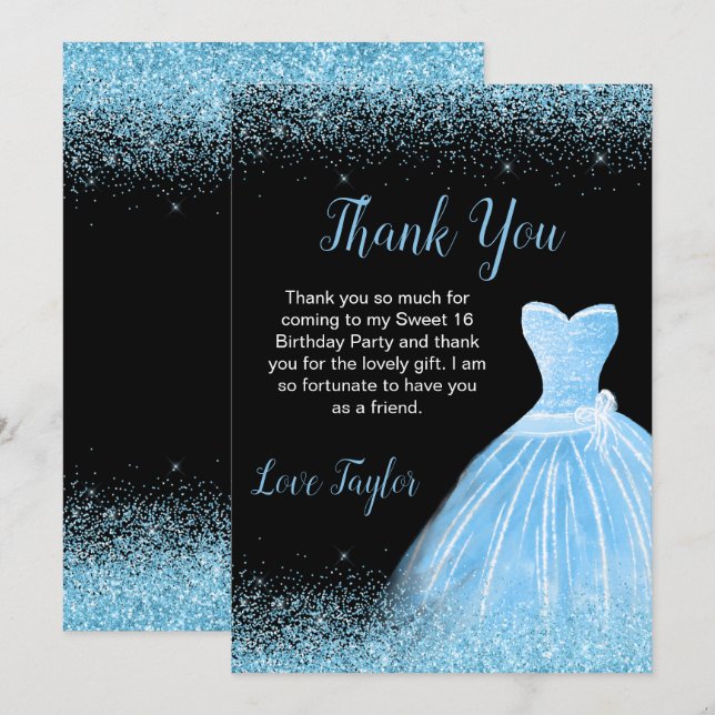 Light Blue Dress Faux Glitter Sweet 16 Birthday Thank You Card (Front/Back)