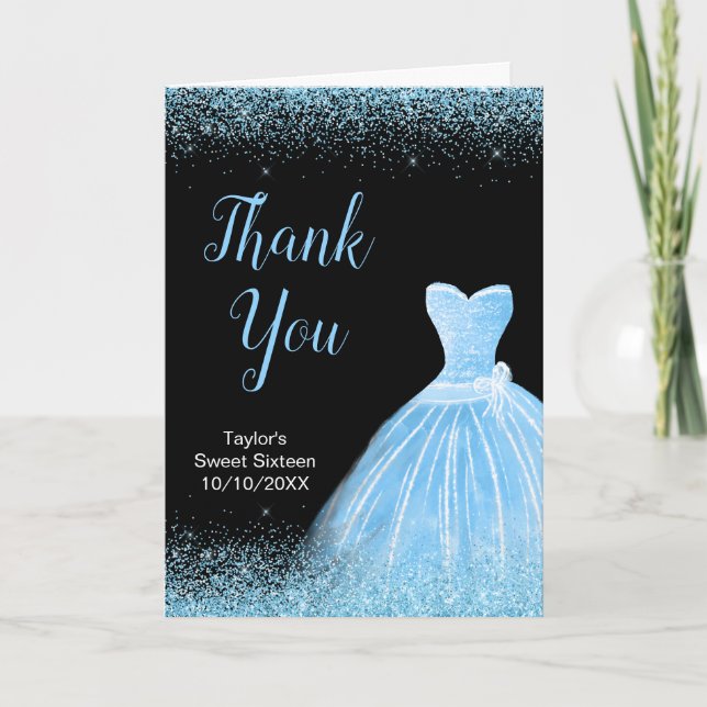 Light Blue Dress Faux Glitter Sweet 16 Birthday Thank You Card (Front)