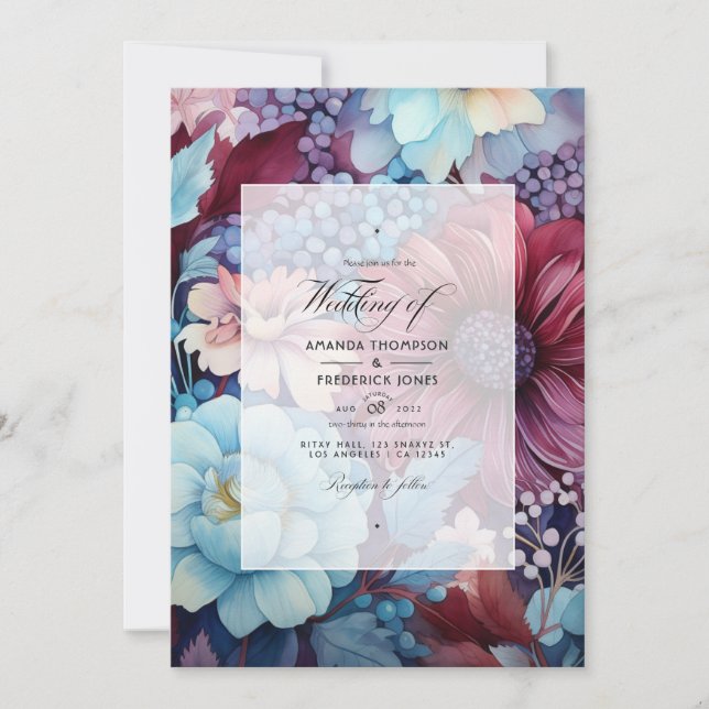 Light Blue, Dusty Blue and Burgundy Floral Wedding Invitation (Front)