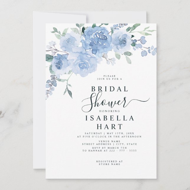 Light Blue Dusty Blue Floral Pastel Bridal Shower Invitation (Front)