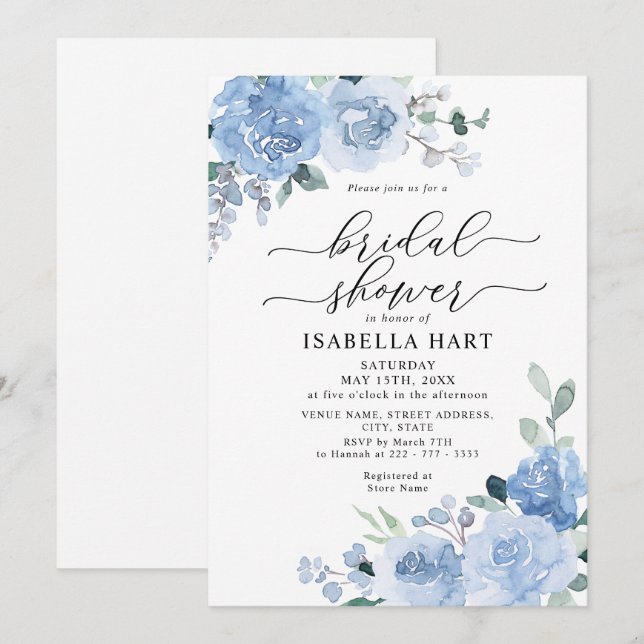 Light Blue Dusty Botanical Floral Bridal Shower Invitation (Front/Back)
