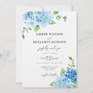 Light Blue Dusty Navy Hydrangea Floral Wedding Invitation