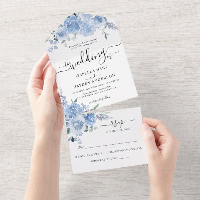 Light Blue Dusty Pastel Flower Floral Wedding RSVP All In One Invitation (Tearaway)