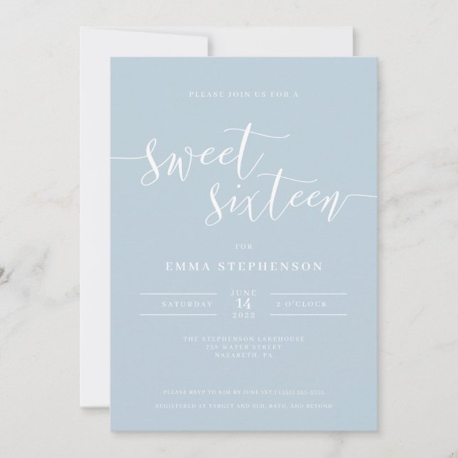 Light Blue Elegant Sweet Sixteen Invitation (Front)