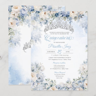 Light Blue Elegant Watercolor Floral Quinceañera Invitation