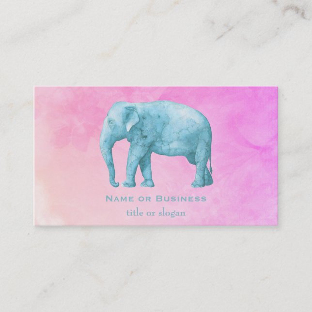 Light Blue Elephant on Dreamy Pink Watercolors Business Card (Front)