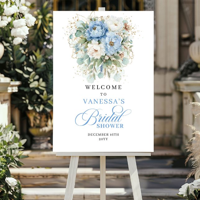 Light Blue Eucalyptus Gold Bridal Shower Welcome Poster (Light Blue Eucalyptus Gold Bridal Shower Welcome)