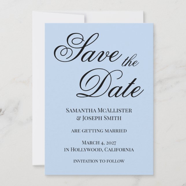 Light Blue Fancy Classic Calligraphy Save The Date (Front)