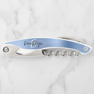 Light Blue Faux Brushed Metal Monogram Script Corkscrew