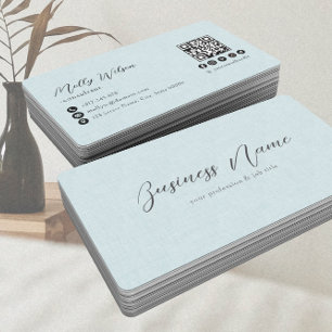 Light Blue Faux Linen QR Code Social Media  Business Card