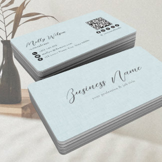 Light Blue Faux Linen QR Code Social Media  Business Card