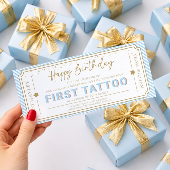 Light Blue First Tattoo Birthday Gift Voucher Invitation (Creator Uploaded)