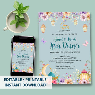 Light Blue Floral and Butterfly Ramadan Iftar Invitation