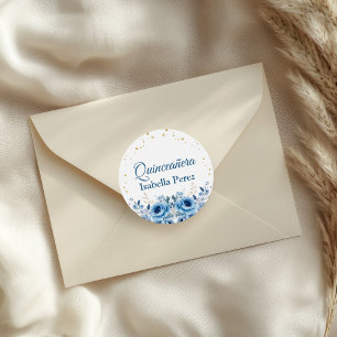 Light Blue Floral and Gold Glitter Quinceanera Classic Round Sticker
