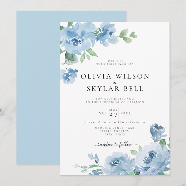 Light Blue Floral Baby Blue Botanical Wedding Invi Invitation (Front/Back)
