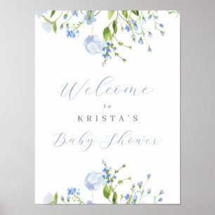 Light Blue Floral Baby Shower Welcome Poster