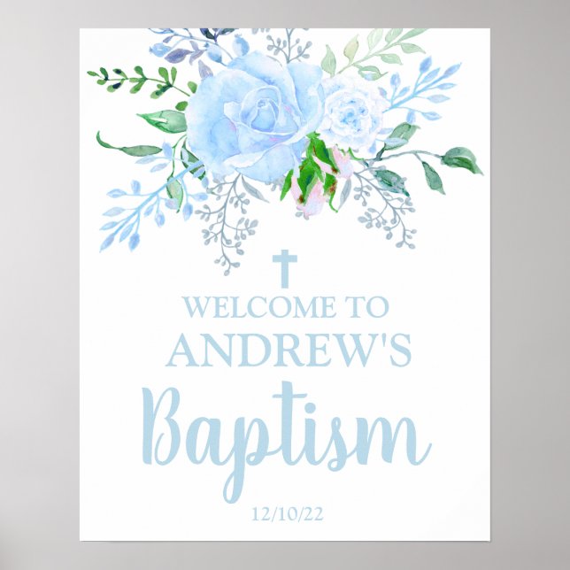 Light Blue Floral Baptism Boy Welcome 16x20 Poster (Front)