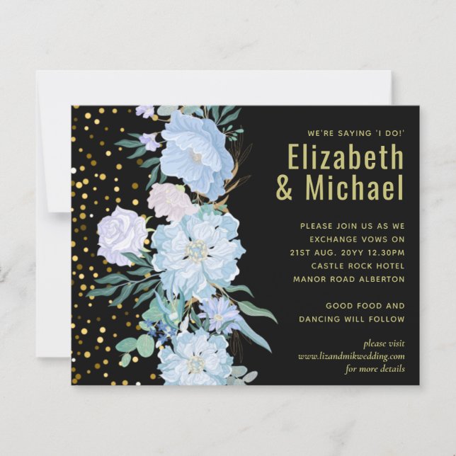 Light Blue Floral Black Modern Wedding Budget (Front)