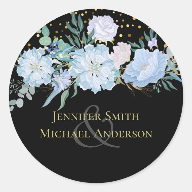 Light Blue Floral Black Modern Wedding Budget Classic Round Sticker (Front)
