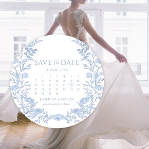 Light Blue Floral Calendar Save The Date Circle Invitation