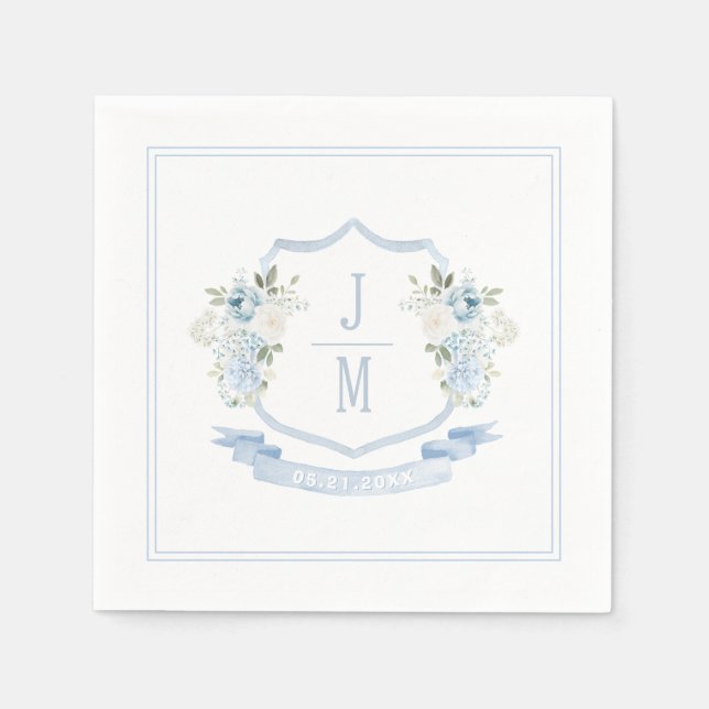 Light Blue Floral Crest French Wedding Monogram Napkin (Front)