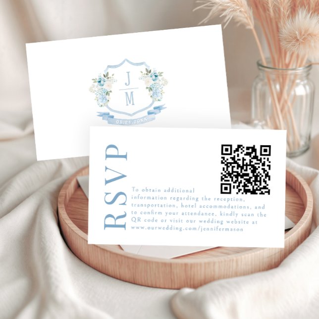 Light Blue Floral Crest Wedding RSVP QR code cards (Creator Uploaded)
