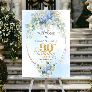 Light Blue Floral Eucalyptus 90th birthday welcome Poster