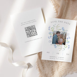 Light Blue Floral Frame Photo QR Code Save The Date